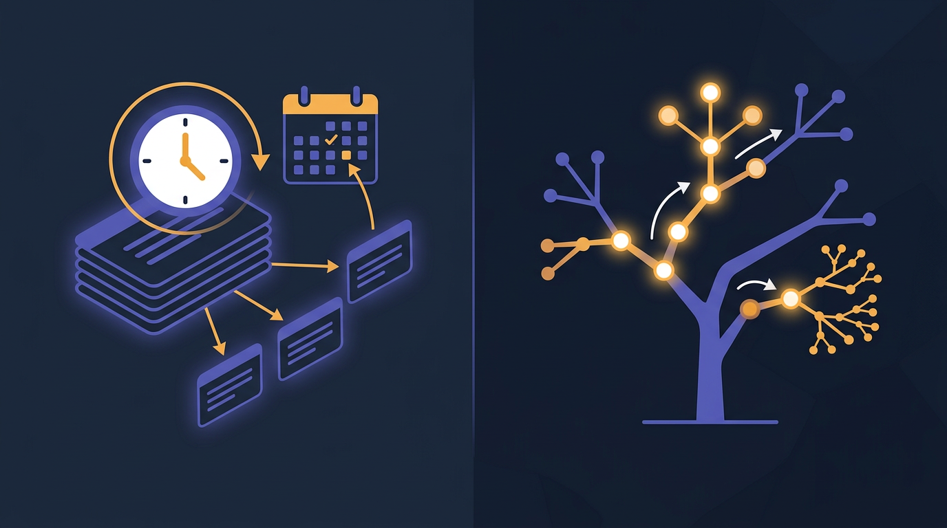 Spaced repetition scheduling vs adaptive learning tree that branches based on comprehension